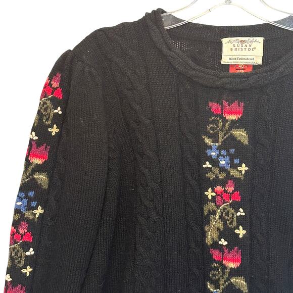 Susan Bristol Vintage Hand Embroidered Wool Sweater Womens Sz 40 (Medium) Black - Picture 4 of 7